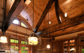 Lake Home Kitchen with Wood Ceiling and Trusses