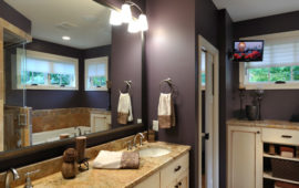 Master Bathroom Ivory Antiqued Cabinets Dark Purple Walls