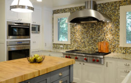 MN Kitchen Remodel Gray Island with Butcher Block
