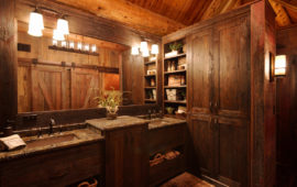 Rustic Lake Home Master Bath with Barn Door