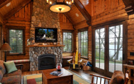 Lake Home Great Room Stone Fireplace