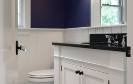 Remodeled Powder Room with Beadboard, White Cabinetry