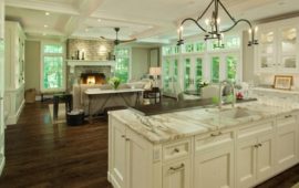 Open Floor Plan Kitchen White Cabinets Wood Breakfast Bar