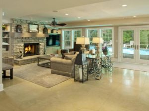 Remodeled Lower Level with Fireplace and Stone Tile Flooring